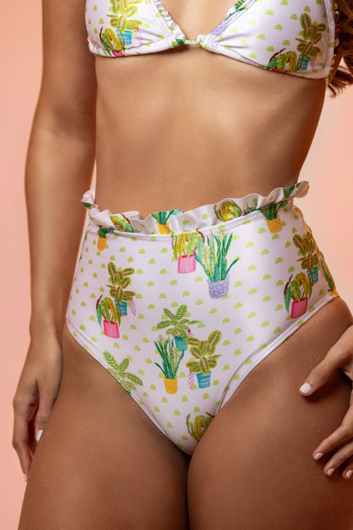 Luxury high-waisted bikini bottom with ruffle details for elegant beachwear.